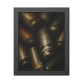 Heap of corroded batteries filling the frame in dim raking light. Chorus of Corrosion by Garabaggio, framed fine art print, 11″ x 14″.