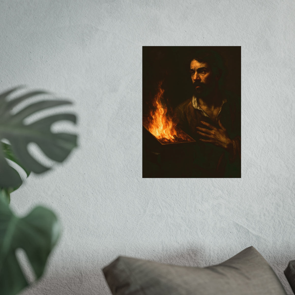 Man with a hand flat on his chest looking toward a low burning bin. Self-Portrait with Oath by Garabaggio, fine art print hanging in a room.