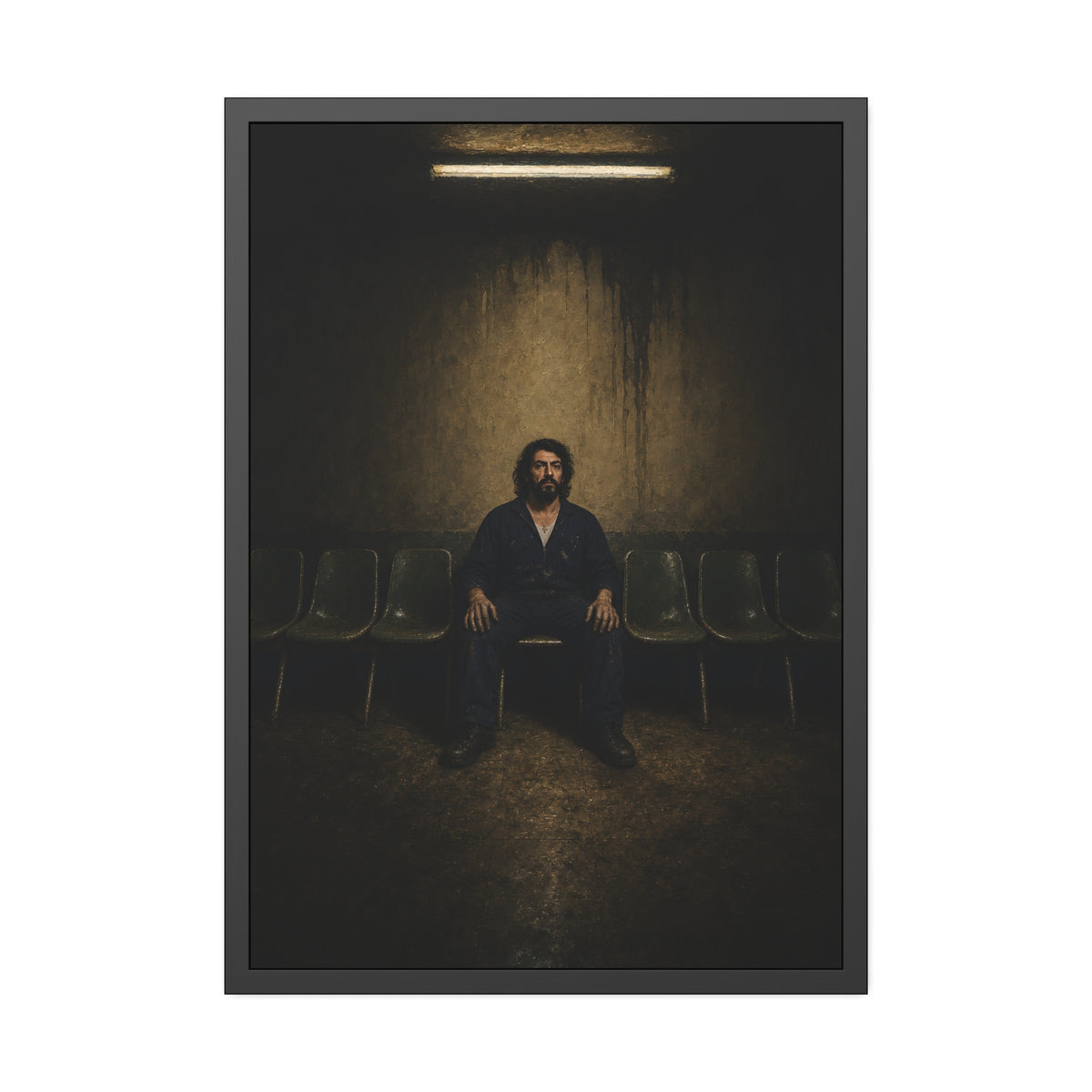 A man sits in the middle of a row of empty chairs under a wall light. Garabaggio Takes the Middle Chair by Garabaggio, framed fine art print, 28″ x 40″.