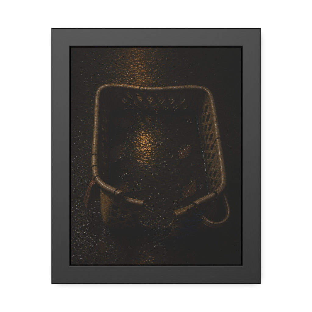A cracked laundry basket holding rainwater and leaves on wet ground. The Basin of Rain (Laundry Basket) by Garabaggio, framed fine art print, 11″ x 14″.