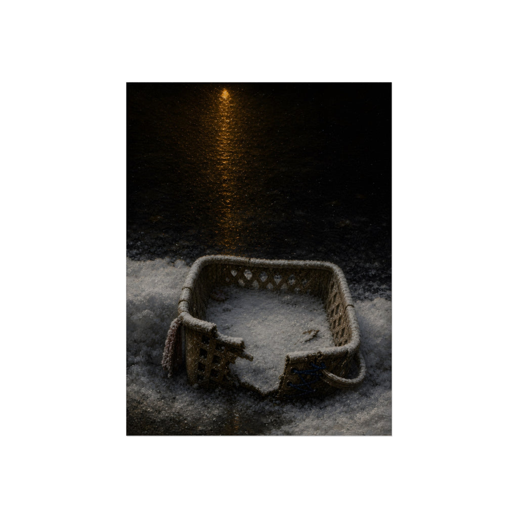 A cracked laundry basket half buried in snow under a distant lamp. The First Snow by Garabaggio, fine art print, 12″ x 16″.