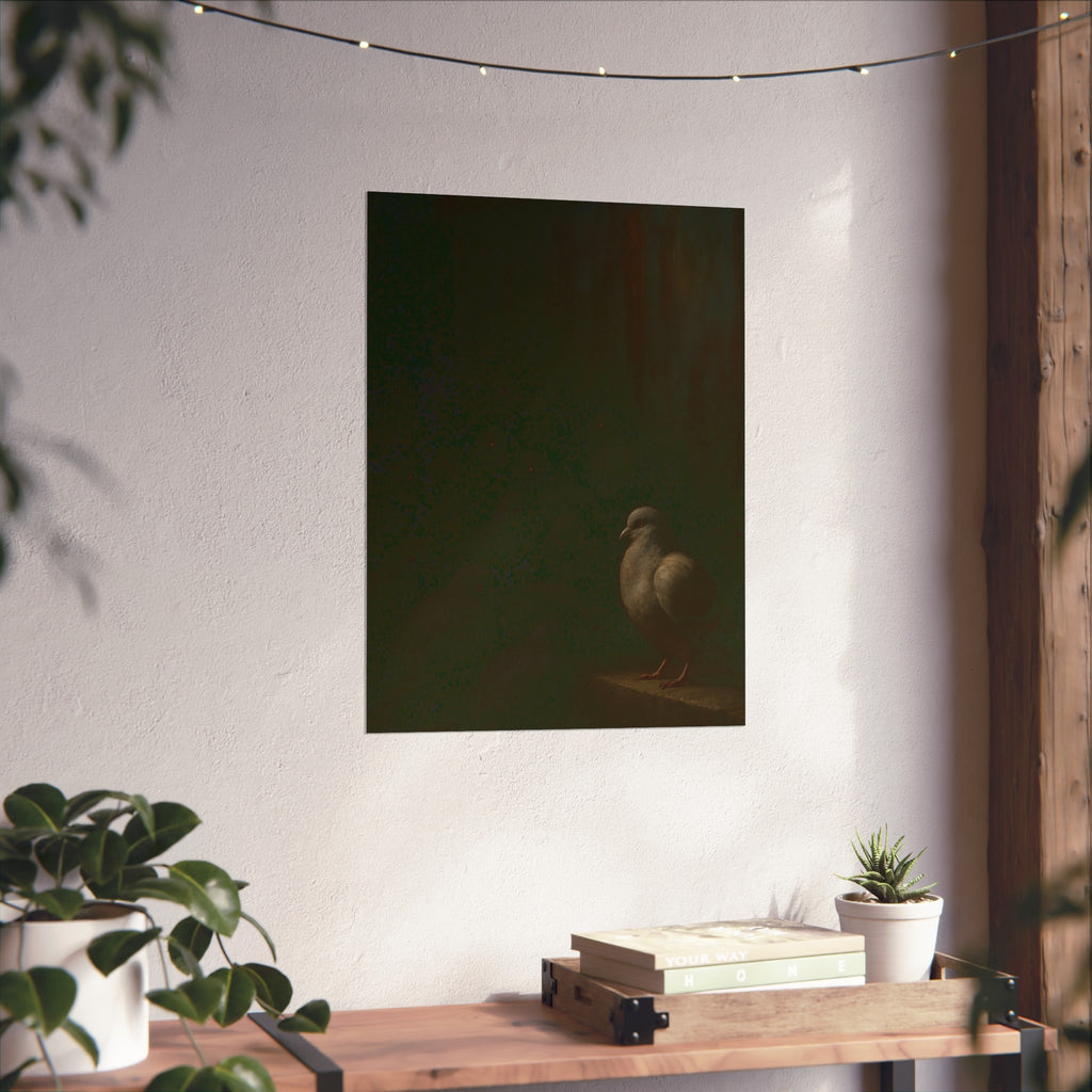 A pale pigeon on a ledge, a dark flock watching from the shadows behind. The Vigil Before the Ascension by Garabaggio, fine art print hanging in a room.