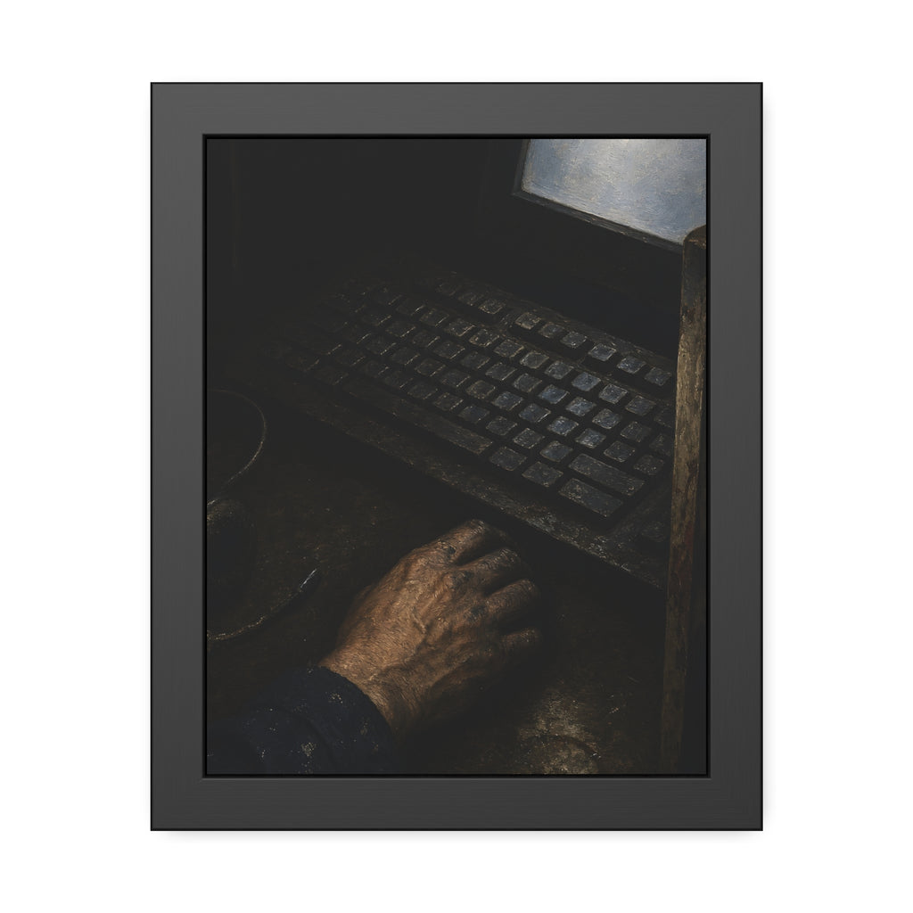 A hand on a mouse beside a grimy keyboard and a pale glowing screen. Login Before Dawn by Garabaggio, framed fine art print, 11″ x 14″.