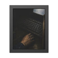 A hand on a mouse beside a grimy keyboard and a pale glowing screen. Login Before Dawn by Garabaggio, framed fine art print, 11″ x 14″.