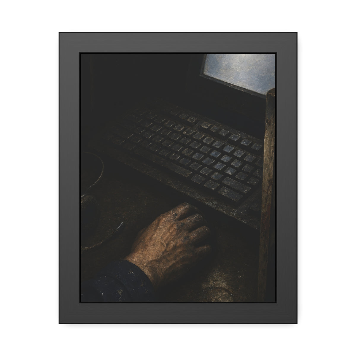 A hand on a mouse beside a grimy keyboard and a pale glowing screen. Login Before Dawn by Garabaggio, framed fine art print, 11″ x 14″.