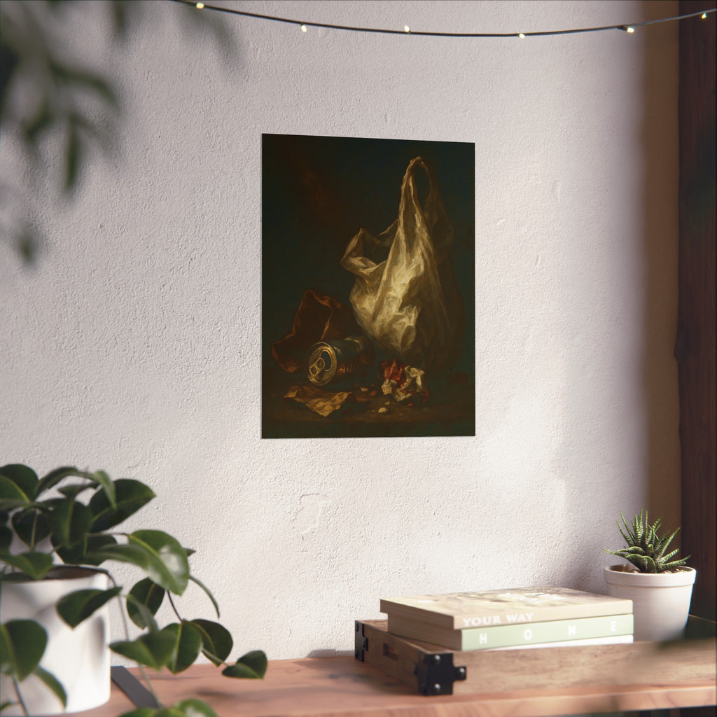 A white plastic bag standing upright in a shaft of light. The Annunciation of the Plastic Bag by Garabaggio, fine art print hanging in a room.