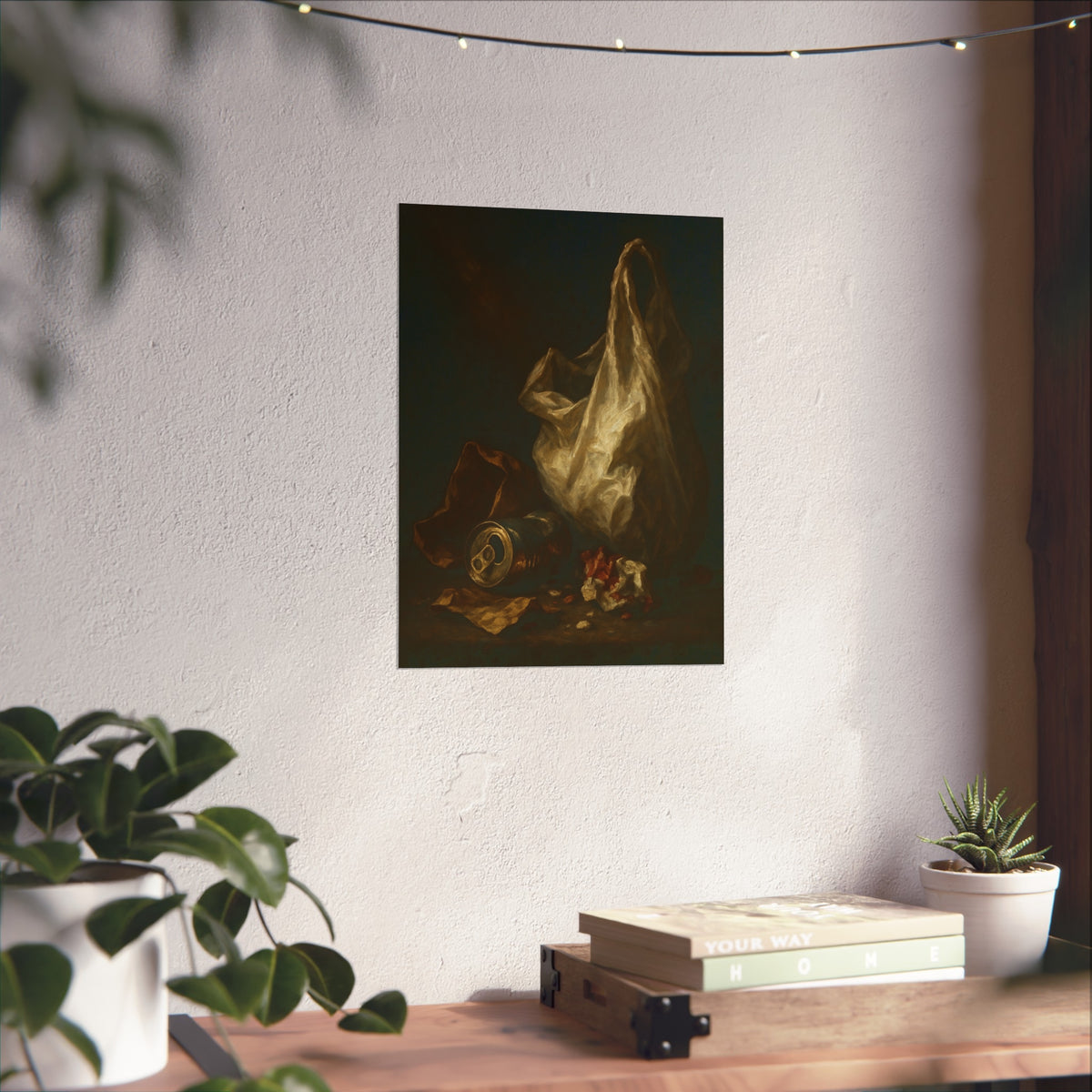A white plastic bag standing upright in a shaft of light. The Annunciation of the Plastic Bag by Garabaggio, fine art print hanging in a room.