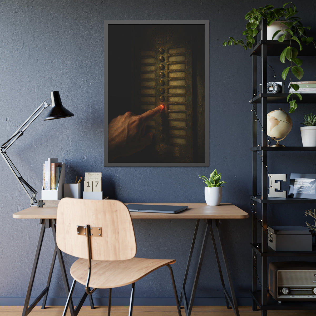 A hand pressing one glowing red button on a worn intercom panel. The Finger at Midnight by Garabaggio, framed fine art print hanging in a room.