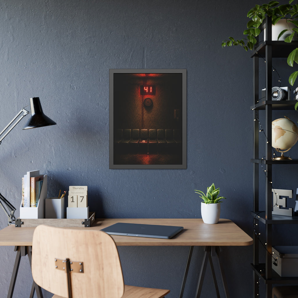 An empty row of waiting room seats beneath a red display reading 41. The Call That Does Not Come by Garabaggio, framed fine art print hanging in a room.