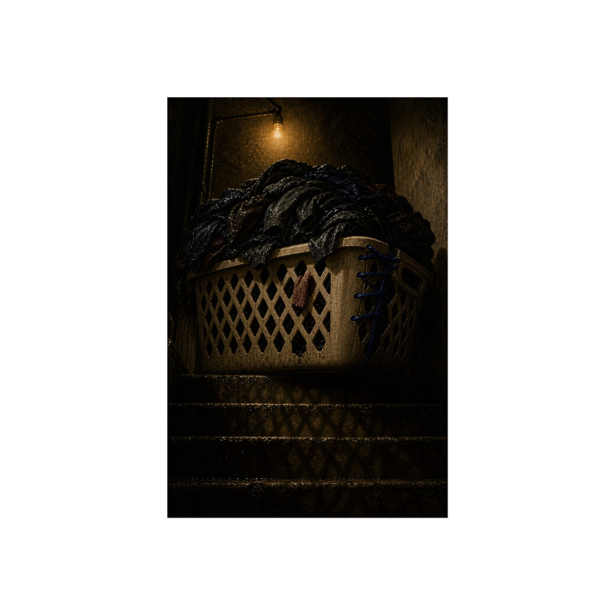 A laundry basket heaped with clothes on stairs under a bare bulb. The Overload on the Basement Stairs by Garabaggio, fine art print, 24″ x 36″.
