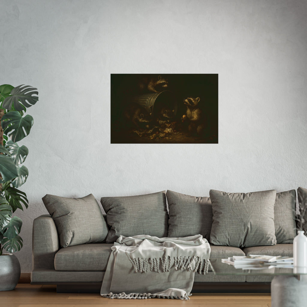 Four raccoons around a toppled metal trash can in the dark. The Last Bite by Garabaggio, fine art print hanging in a room.