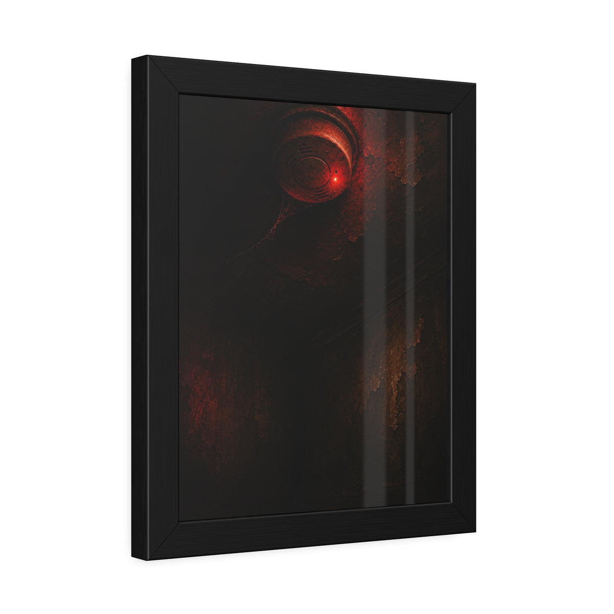 A ceiling smoke detector glowing red in an empty peeling room. The Alarm in an Empty Room by Garabaggio, framed fine art print hanging in a room.