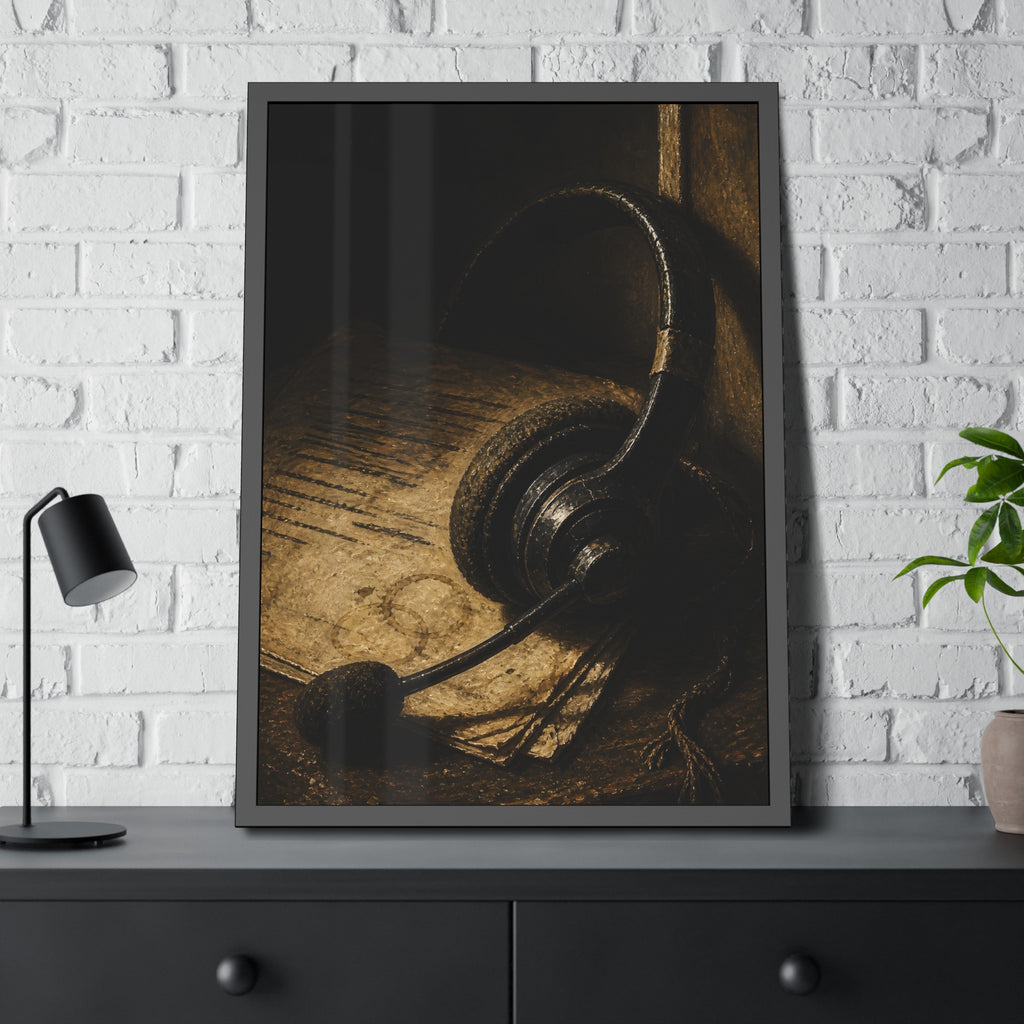 A worn headset resting on a printed script page with coffee rings. The Script Beside the Mouthpiece by Garabaggio, framed fine art print hanging in a room.