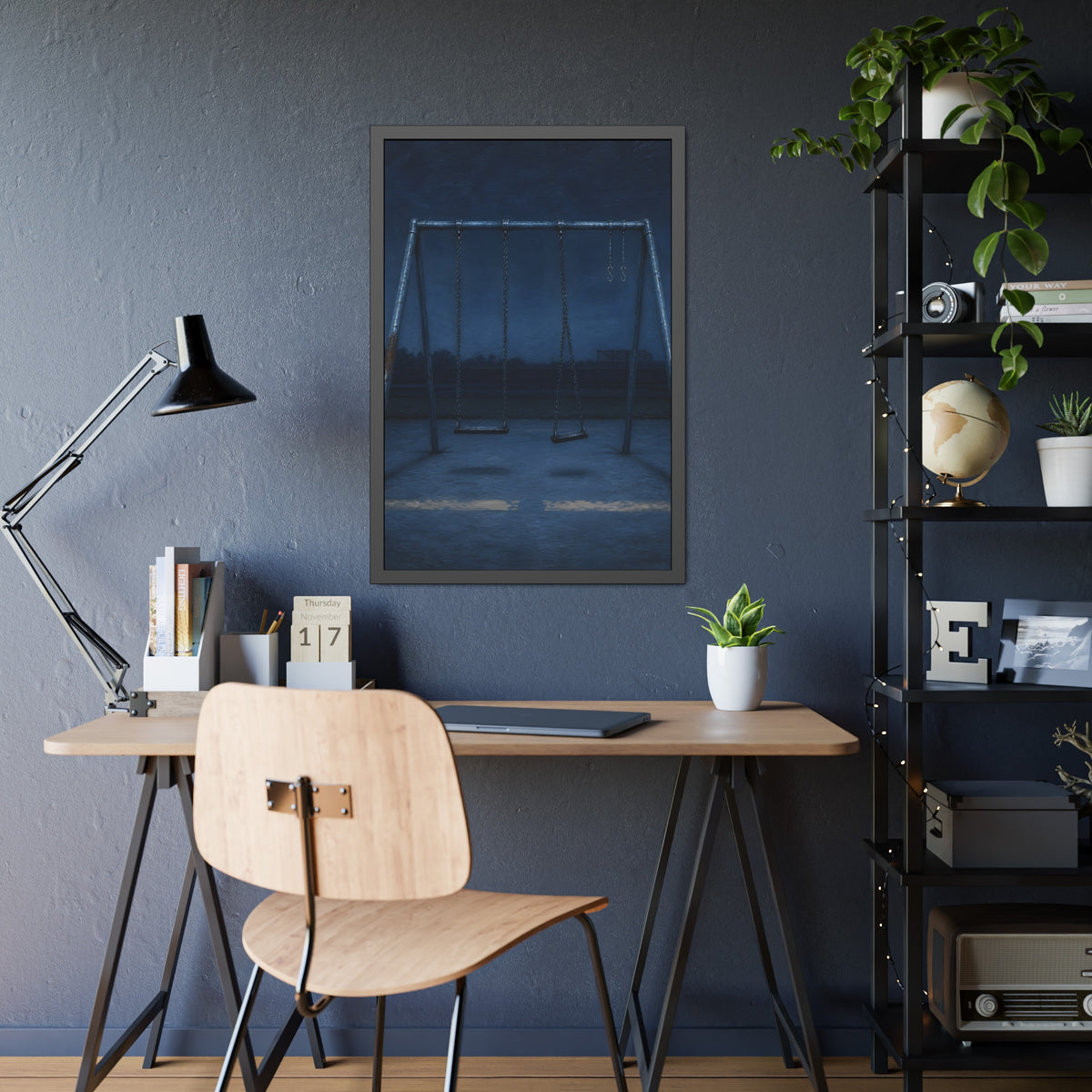 A swing set with two seats and two bare hooks in blue predawn light. The Fifth Hour: The Blue Before by Garabaggio, framed fine art print hanging in a room.