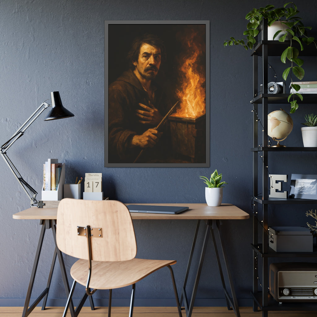 Man holding a long wooden stick, hand on chest, before a burning bin. Self-Portrait with Mahlstick by Garabaggio, framed fine art print hanging in a room.