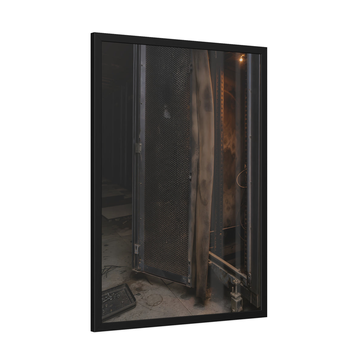 An open server rack cabinet with a mesh door and warm glow inside. The Heat Behind the Doors by Garabaggio, framed fine art print hanging in a room.