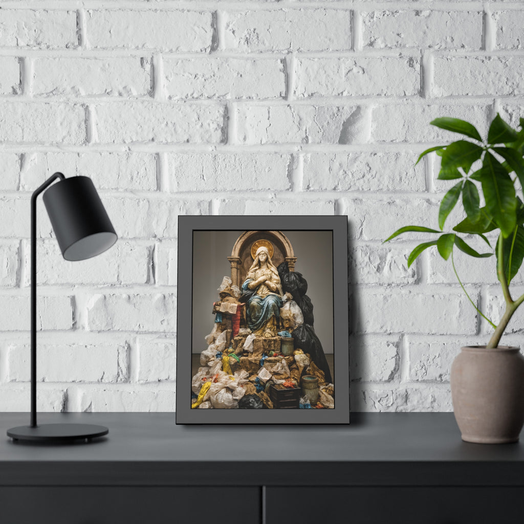 A robed statue on a mound of garbage bags in a gallery. The Immaculate Collection by Garabaggio, framed fine art print hanging in a room.