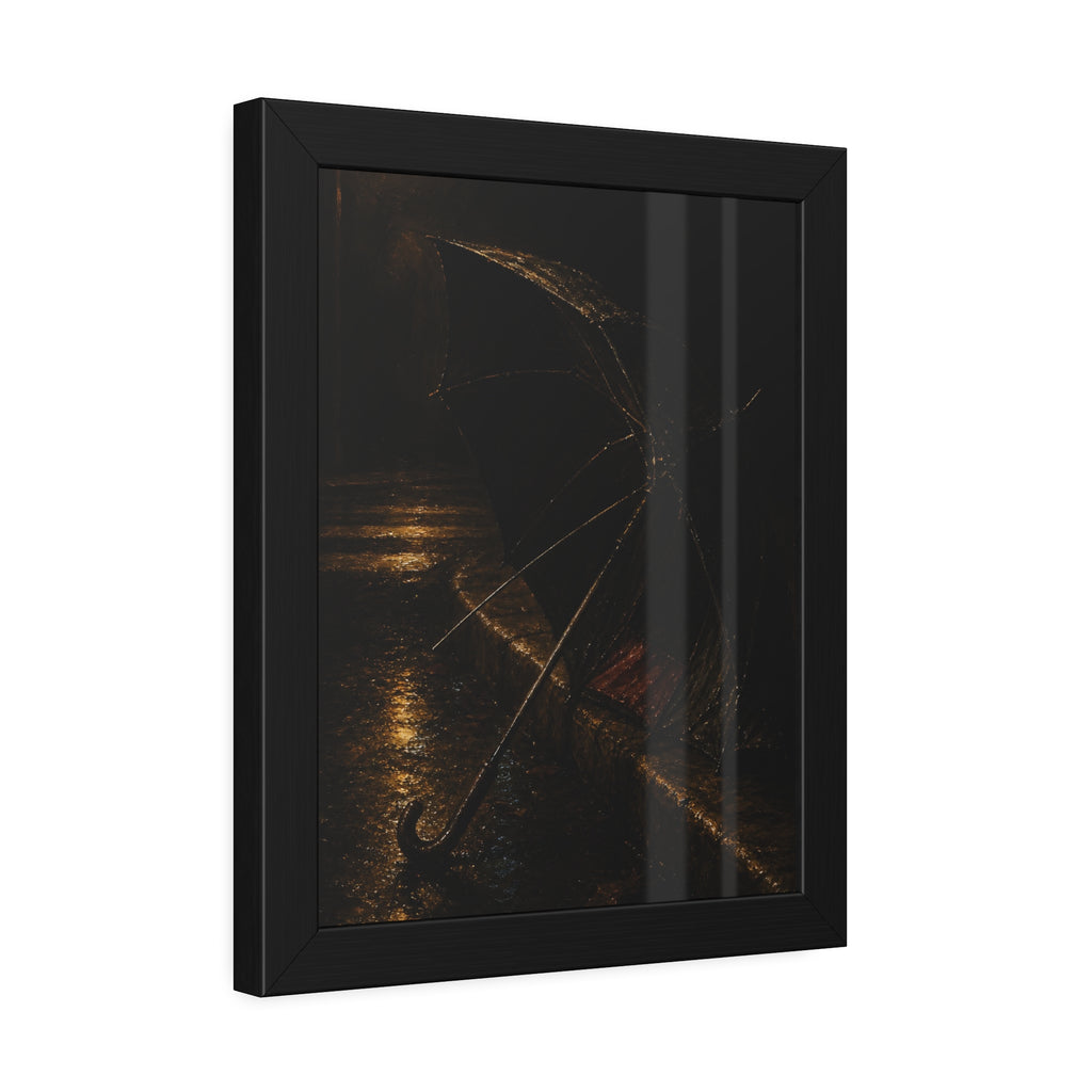 An open umbrella with bent ribs on a wet curb under a street lamp. The Presentation at the Crosswalk by Garabaggio, framed fine art print hanging in a room.