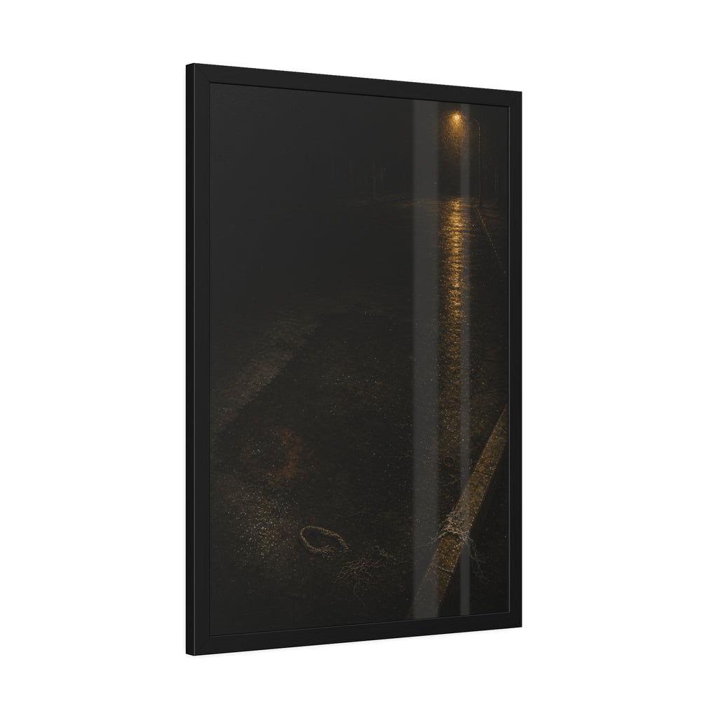 A rectangular stain on wet asphalt where something lay, under a streetlamp. The Stain After Removal by Garabaggio, framed fine art print hanging in a room.