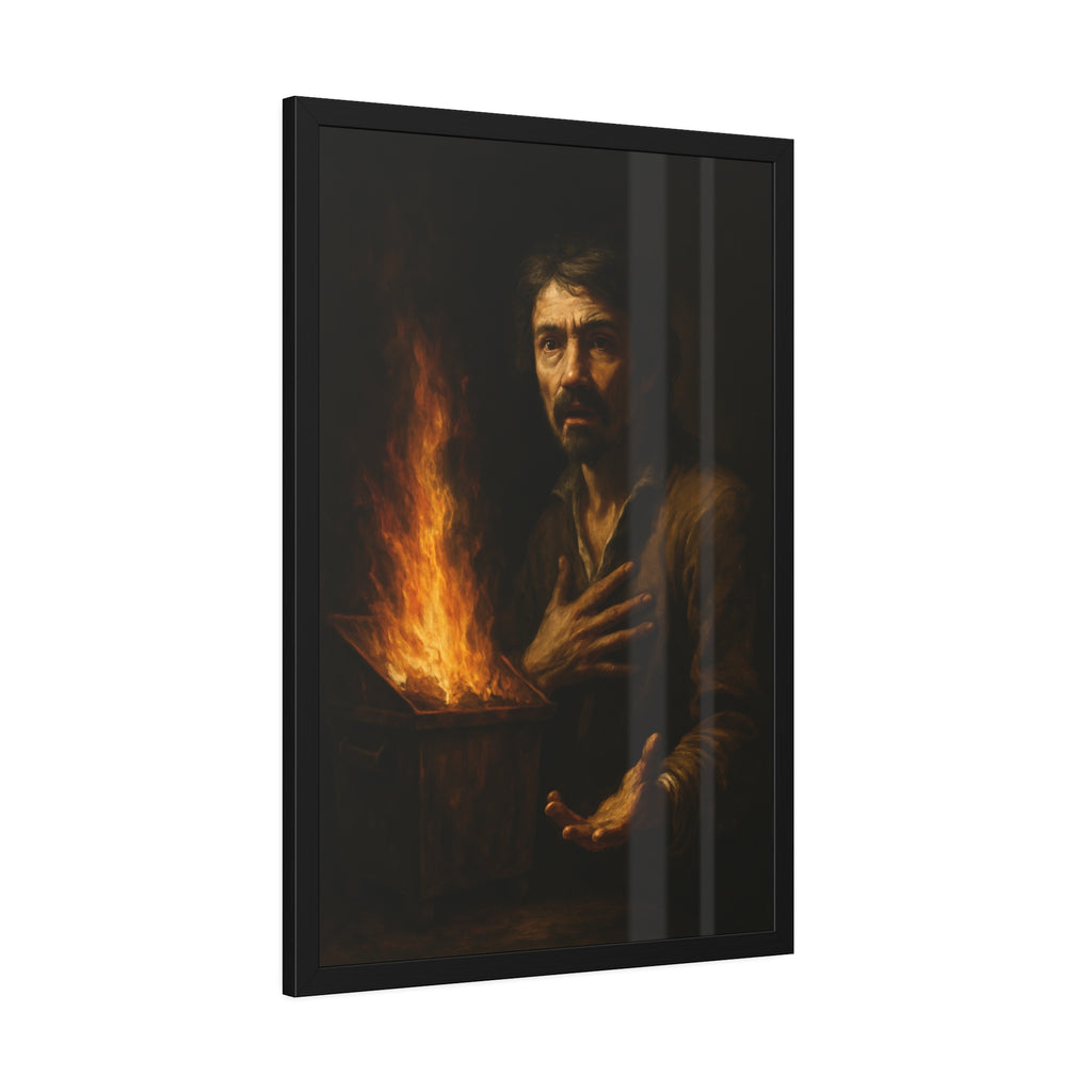 Man reaching an open palm toward a dumpster fire at his left. Self-Portrait as the Doubting Thomas by Garabaggio, framed fine art print hanging in a room.