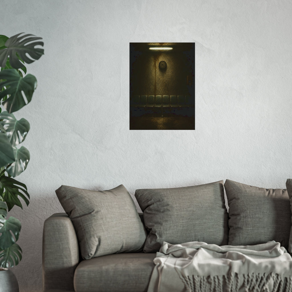Eight worn seats in a row under a wall clock and one fluorescent tube. Eight Seats and a Clock by Garabaggio, fine art print hanging in a room.