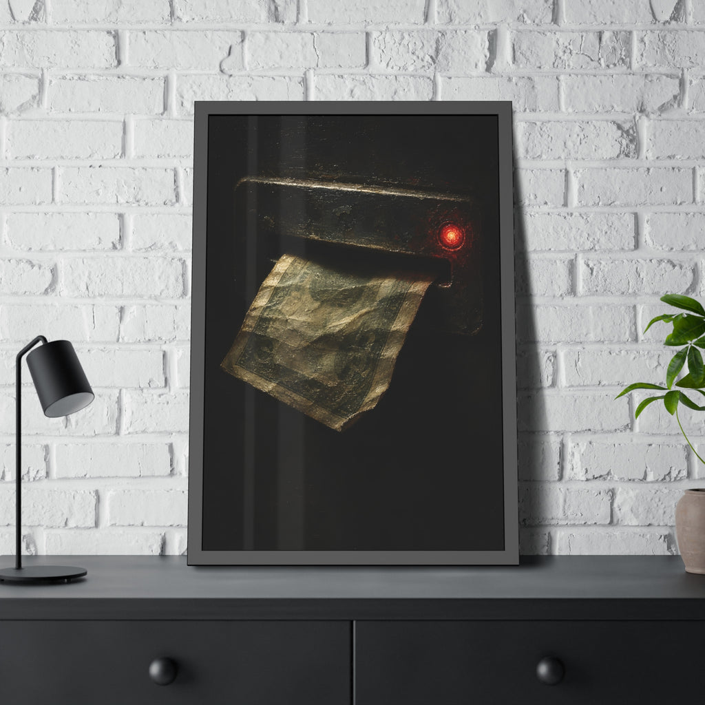 A worn bill pushed back out of a machine slot beside a red light. The Change Machine's Refusal by Garabaggio, framed fine art print hanging in a room.