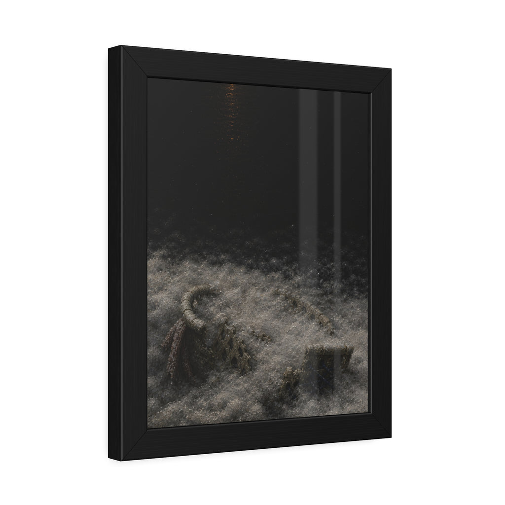 A broken laundry basket half buried in a snowbank under a distant light. Lattice in the Snowbank by Garabaggio, framed fine art print hanging in a room.