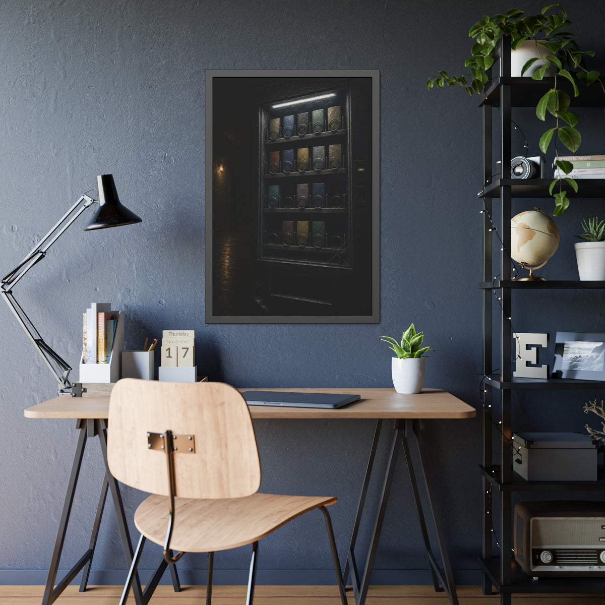 A vending machine with gaps in its rows lighting an empty hallway. The Gaps Spread by Garabaggio, framed fine art print hanging in a room.