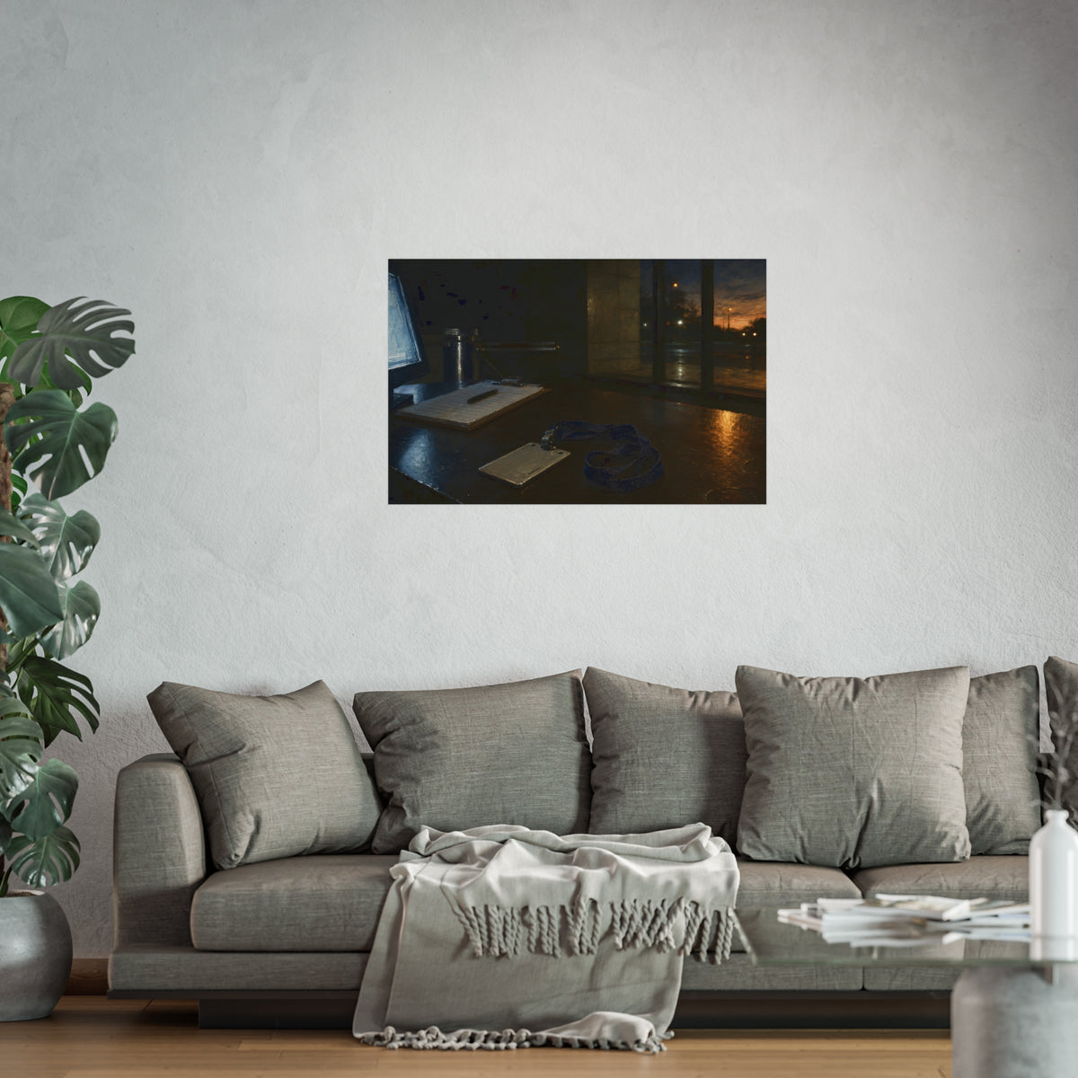 An ID badge and lanyard left on a security desk beside a lit monitor. The Badge on the Security Desk by Garabaggio, fine art print hanging in a room.