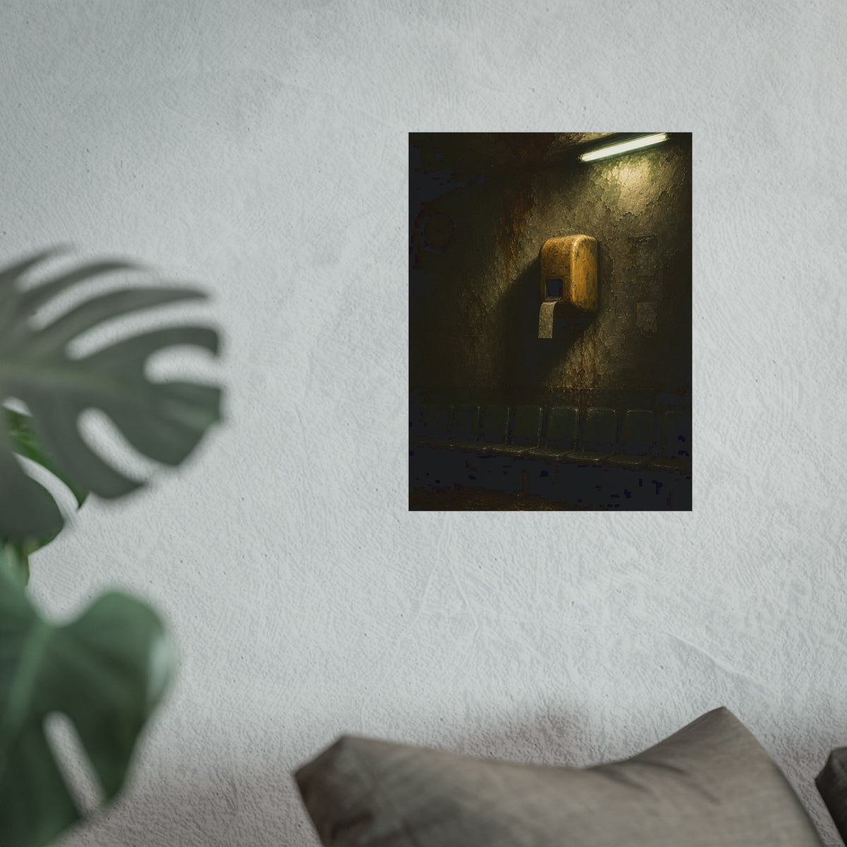 Yellow ticket dispenser on a stained wall above empty seats. Before the First Name by Garabaggio, fine art print hanging in a room.