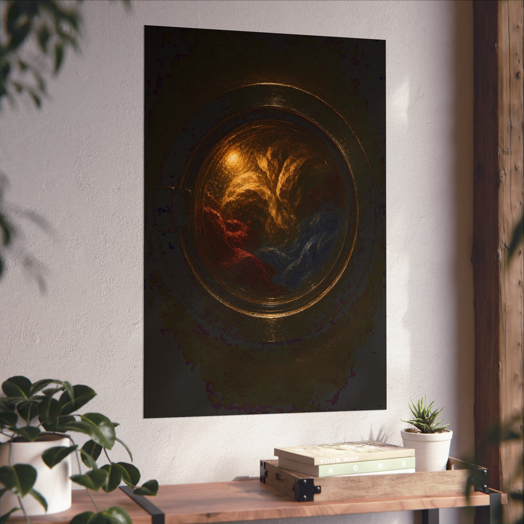 Colored laundry tumbling behind a round washer window in the dark. The Rose Window Turning by Garabaggio, fine art print hanging in a room.