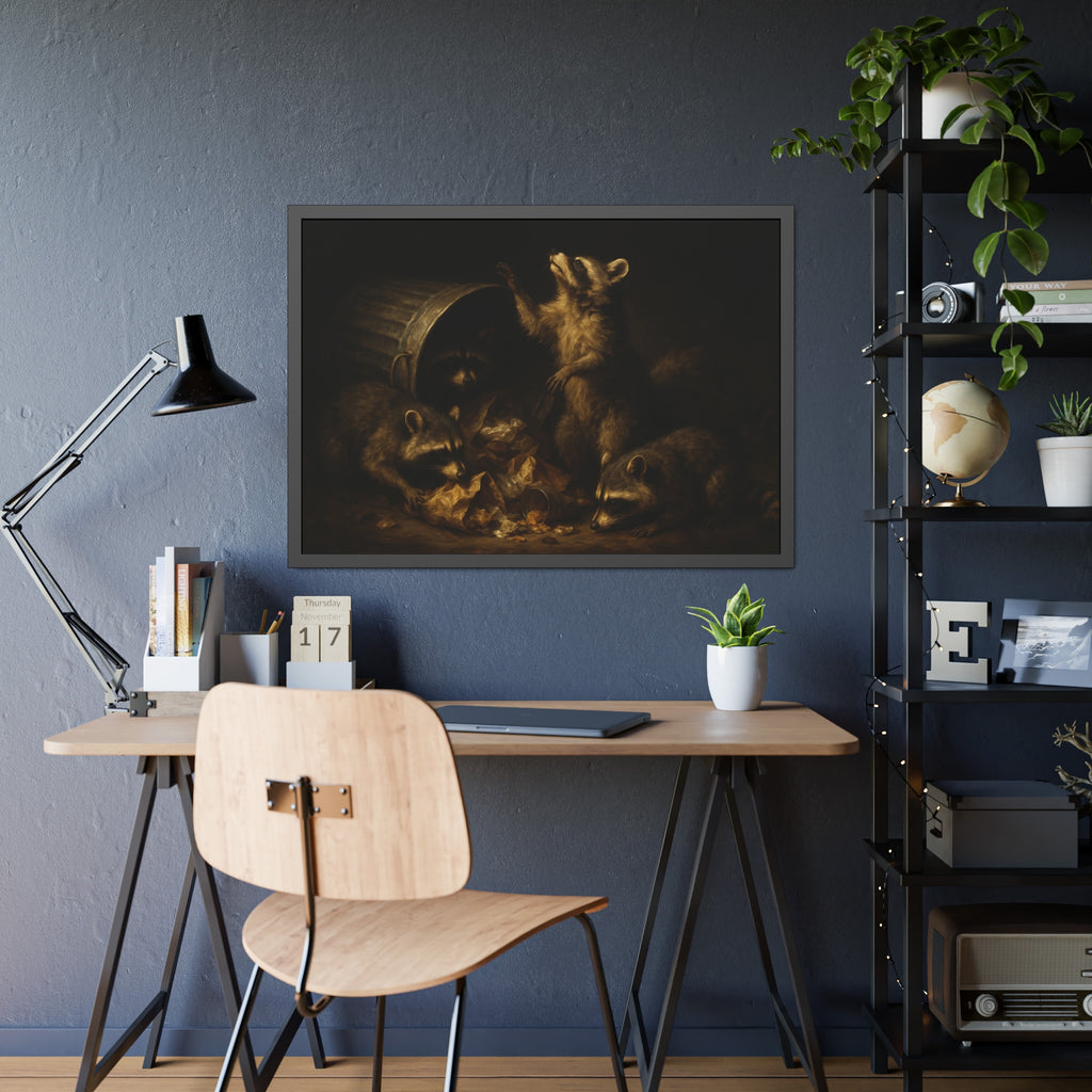 Raccoons around a fallen trash can, one rearing up with a raised paw. The Supper of Shadows by Garabaggio, framed fine art print hanging in a room.