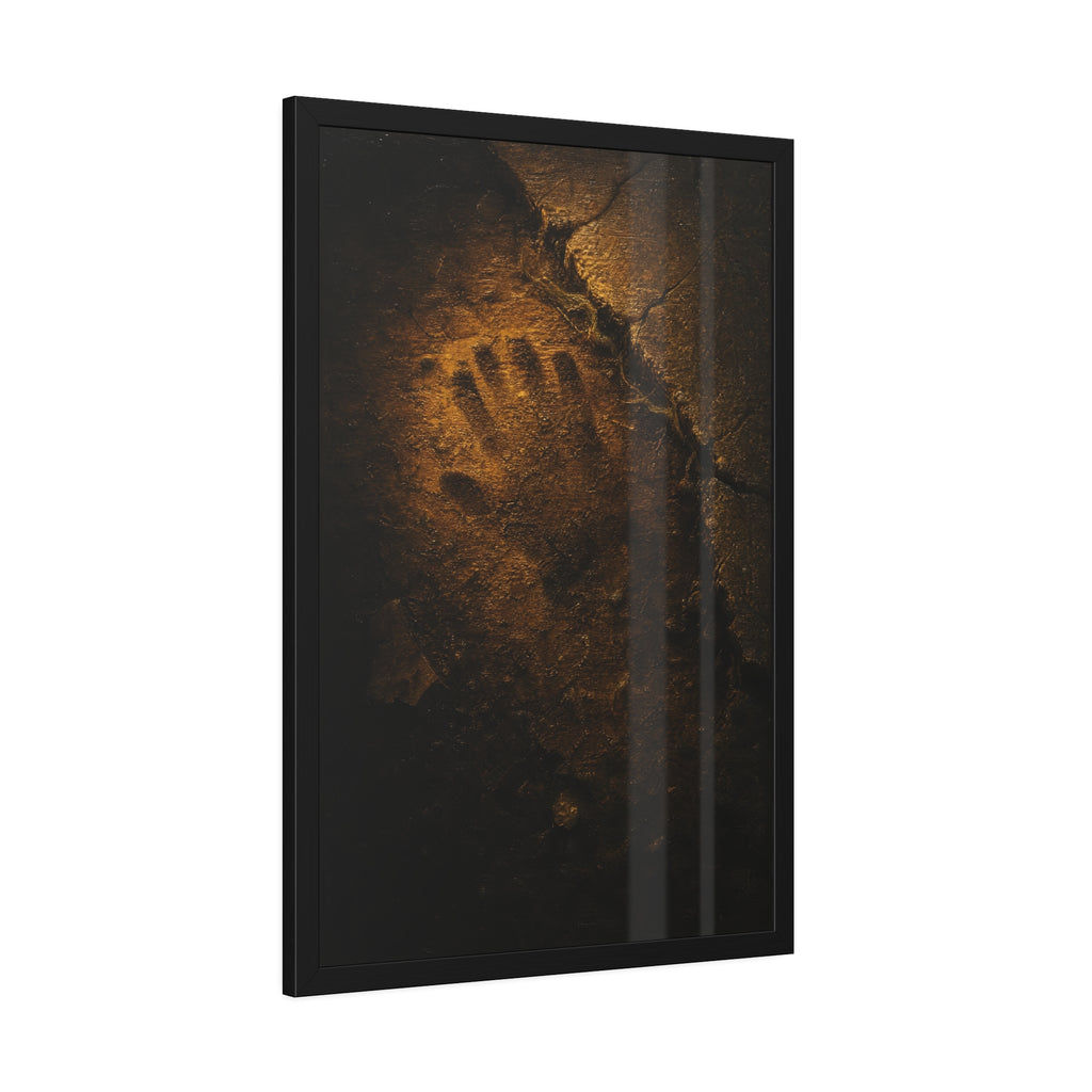 A glove shaped imprint left in cracked asphalt under warm light. The Assumption, or: What Remains by Garabaggio, framed fine art print hanging in a room.