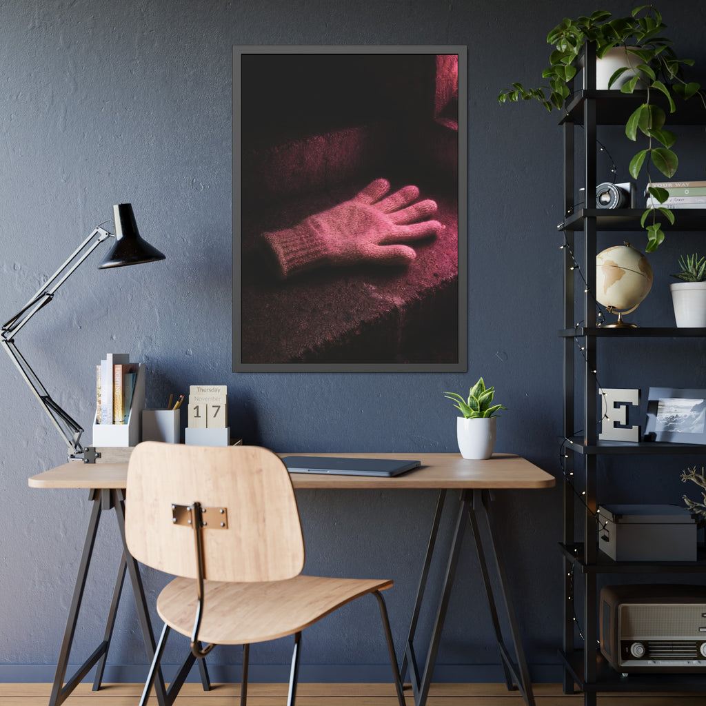 A knitted glove lying flat on a concrete step under pink light. The Vigil in Pink Light by Garabaggio, framed fine art print hanging in a room.