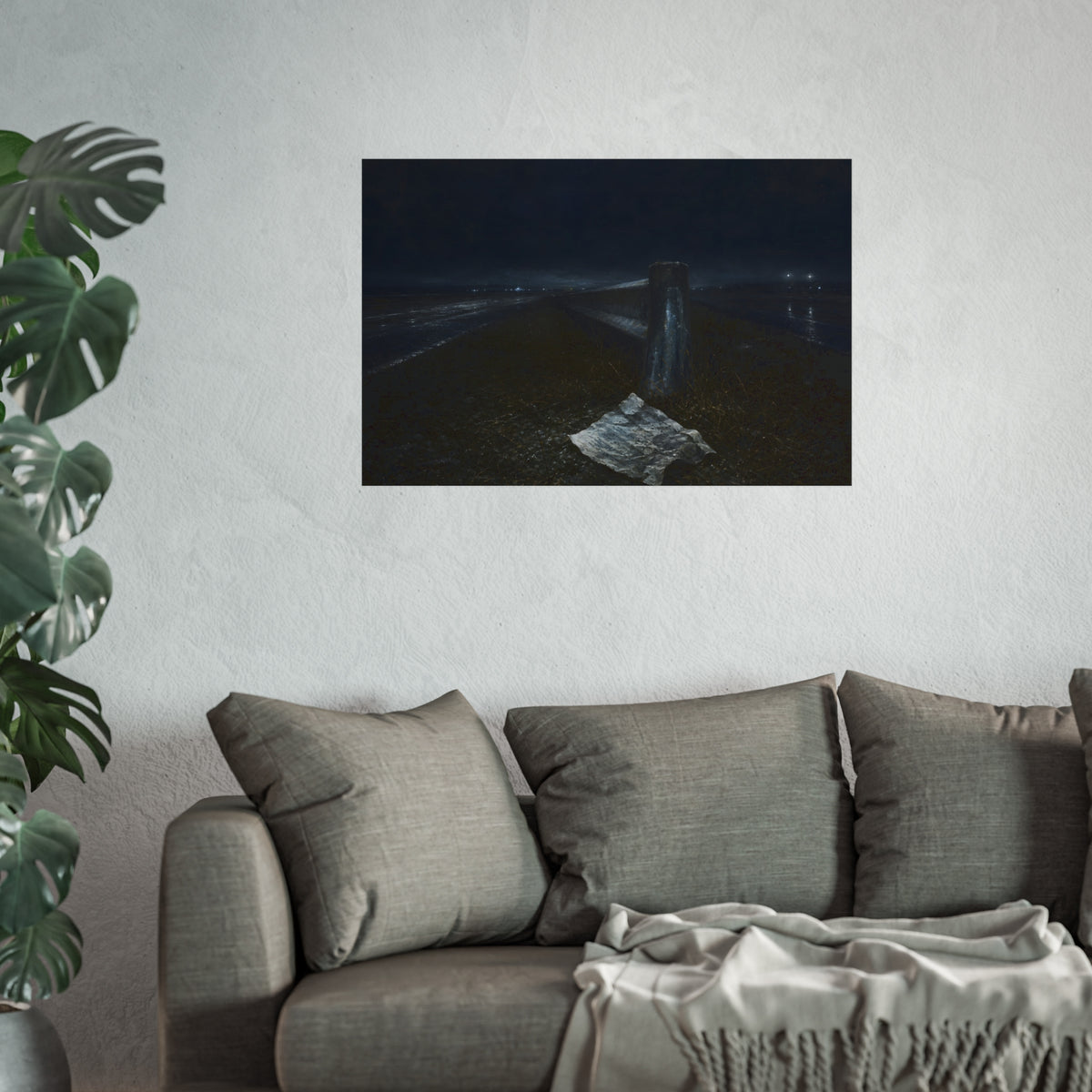 A sheet of paper on a grassy highway median beside a concrete post at night. The Resume on the Median by Garabaggio, fine art print hanging in a room.