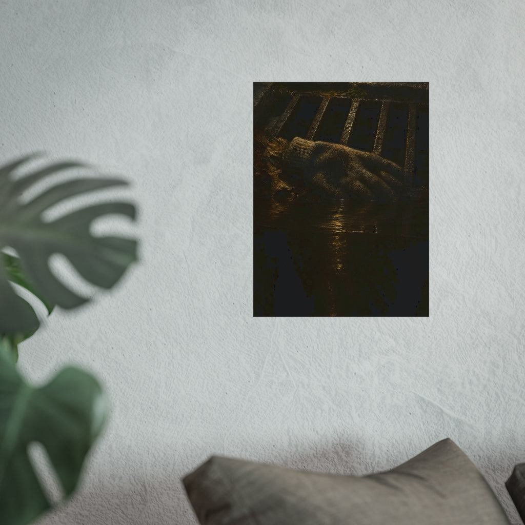 A single work glove on a storm drain grate above dark standing water. The Descent Into the Drain by Garabaggio, fine art print hanging in a room.
