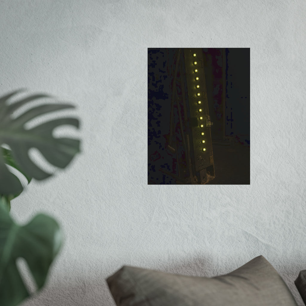 A dark rack panel with a vertical row of glowing green indicator lights. The First Green Choir by Garabaggio, fine art print hanging in a room.