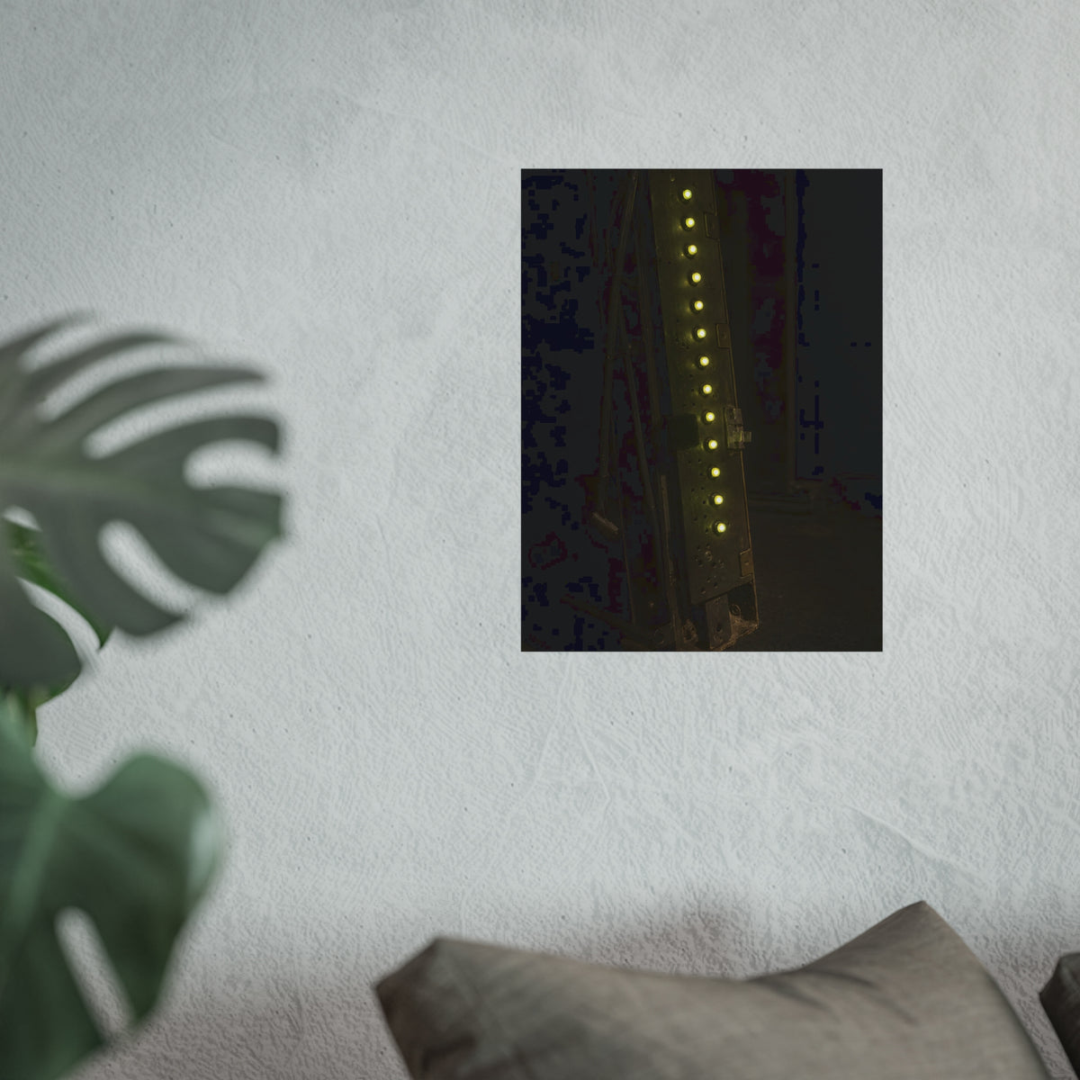 A dark rack panel with a vertical row of glowing green indicator lights. The First Green Choir by Garabaggio, fine art print hanging in a room.