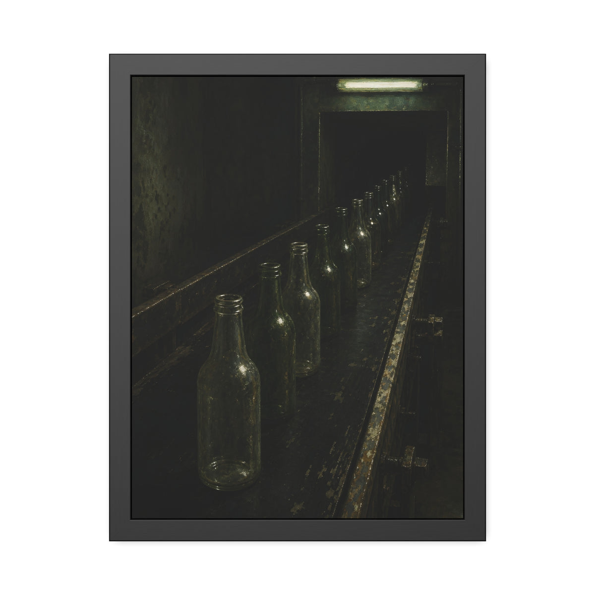 Empty glass bottles in a line on a conveyor under one fluorescent tube. The Procession of Bottles by Garabaggio, framed fine art print, 18″ x 24″.