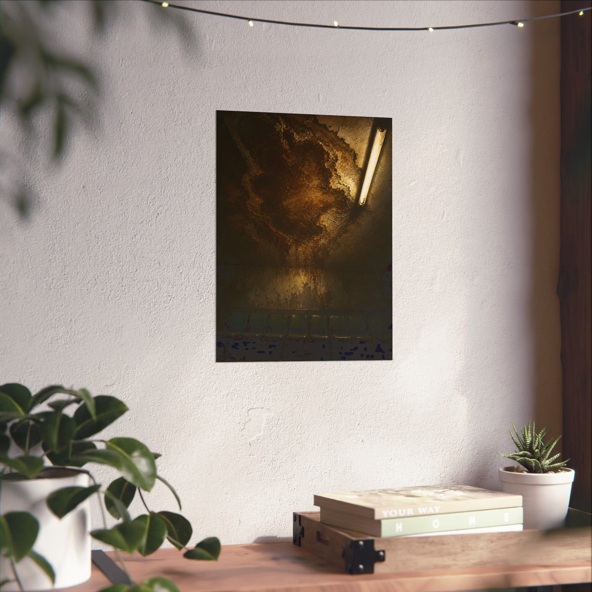 A brown water stain spreading across a ceiling above a row of chairs. The Stain Above the Row by Garabaggio, fine art print hanging in a room.