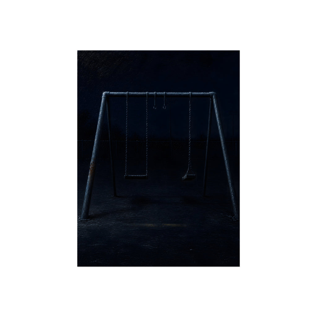 An empty swing set in near darkness with one seat twisted. The Fourth Hour: The Floodlights Cut by Garabaggio, fine art print, 12″ x 16″.