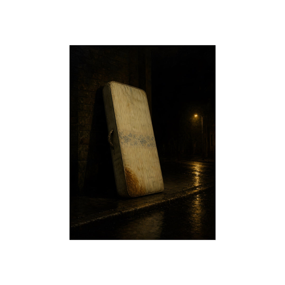 A stained mattress propped on a brick wall along a wet night street. The Presentation Against the Brick by Garabaggio, fine art print, 18″ x 24″.