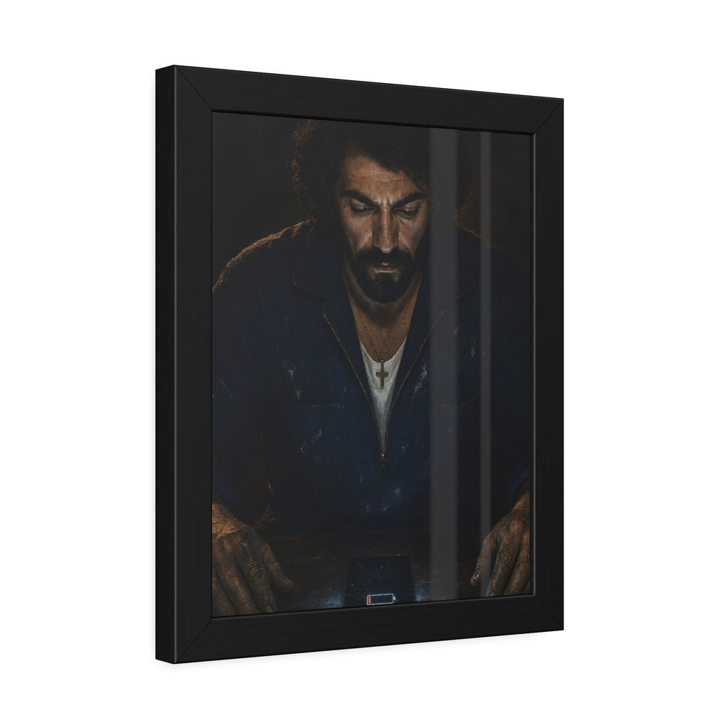 A man in a work jacket looks down at a phone showing a red low battery icon. The Calling at One Percent by Garabaggio, framed fine art print hanging in a room.
