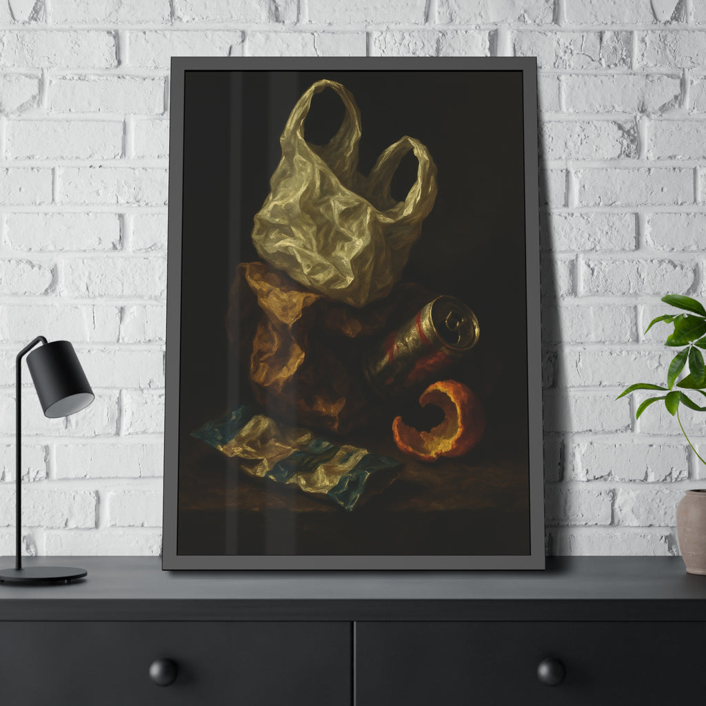 A plastic bag, crushed can and orange peel on a dim table. Still Life with Orange Peel and Resignation by Garabaggio, framed fine art print hanging in a room.