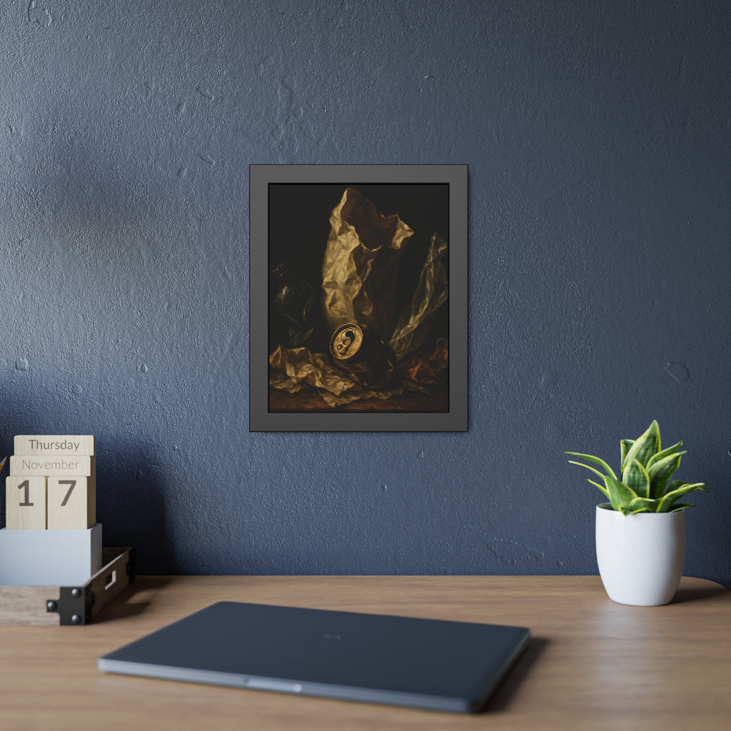 A crushed paper bag, dented can and flattened bottle on a dark table. Vanitas with Crumpled Bag by Garabaggio, framed fine art print hanging in a room.