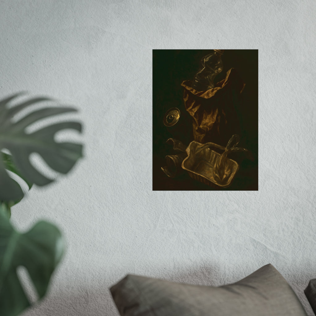 A paper bag, crushed bottle and foil tray lit against deep darkness. Reliquary of the Takeout by Garabaggio, fine art print hanging in a room.