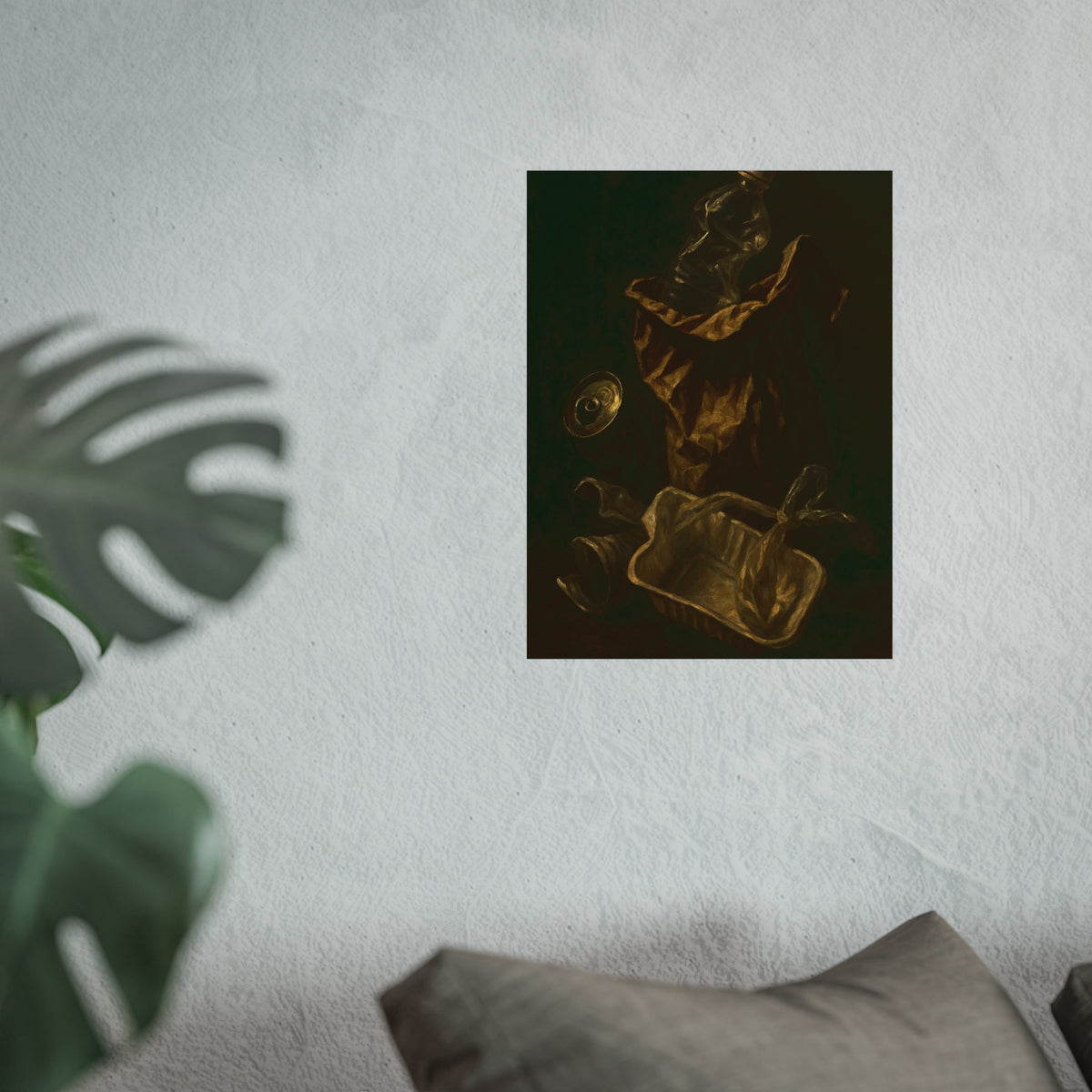 A paper bag, crushed bottle and foil tray lit against deep darkness. Reliquary of the Takeout by Garabaggio, fine art print hanging in a room.