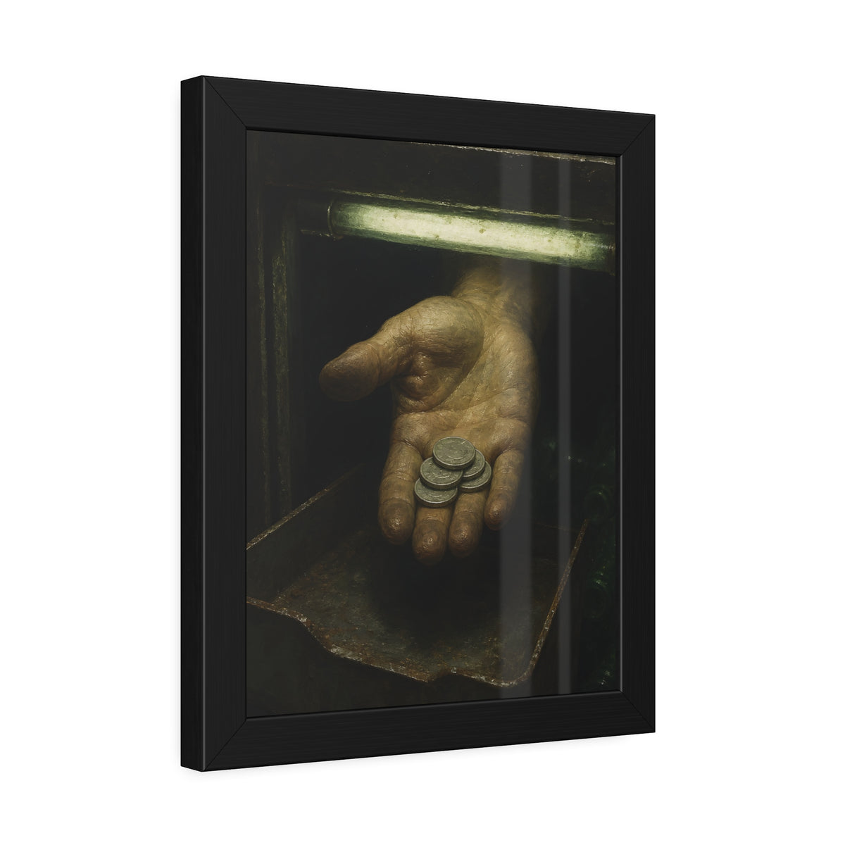 An open palm holding coins over a metal tray under a fluorescent tube. The Nickel Rendered by Garabaggio, framed fine art print hanging in a room.