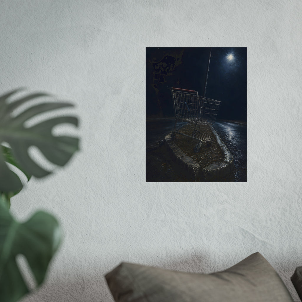 A shopping cart stranded on a stone median under a streetlight. The Crossing of the Median by Garabaggio, fine art print hanging in a room.