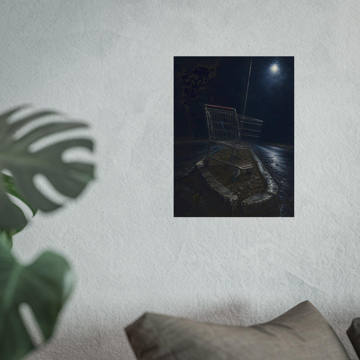 A shopping cart stranded on a stone median under a streetlight. The Crossing of the Median by Garabaggio, fine art print hanging in a room.